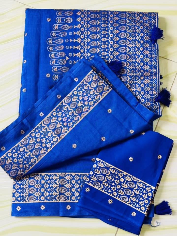 প্রিমিয়াম কোবাল্ট ব্লু সেমি মসলিন শাড়ি - Image 3