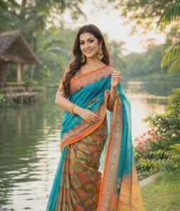 Teal blue and mustard yellow printed silk saree with a vibrant orange border and decorative tassels.