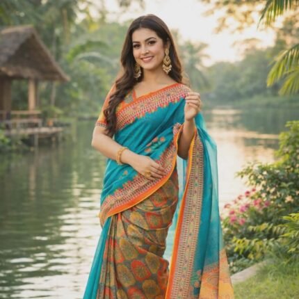 Teal blue and mustard yellow printed silk saree with a vibrant orange border and decorative tassels.