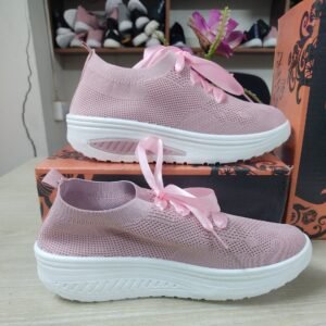 "Pink Ribbon Lace Wedge Sneakers"